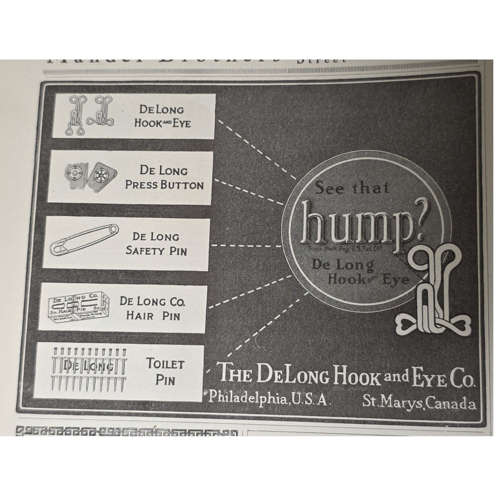 De Long Hook and Eye Safety Pins Press Buttons Hair Pins 1916 Advertising